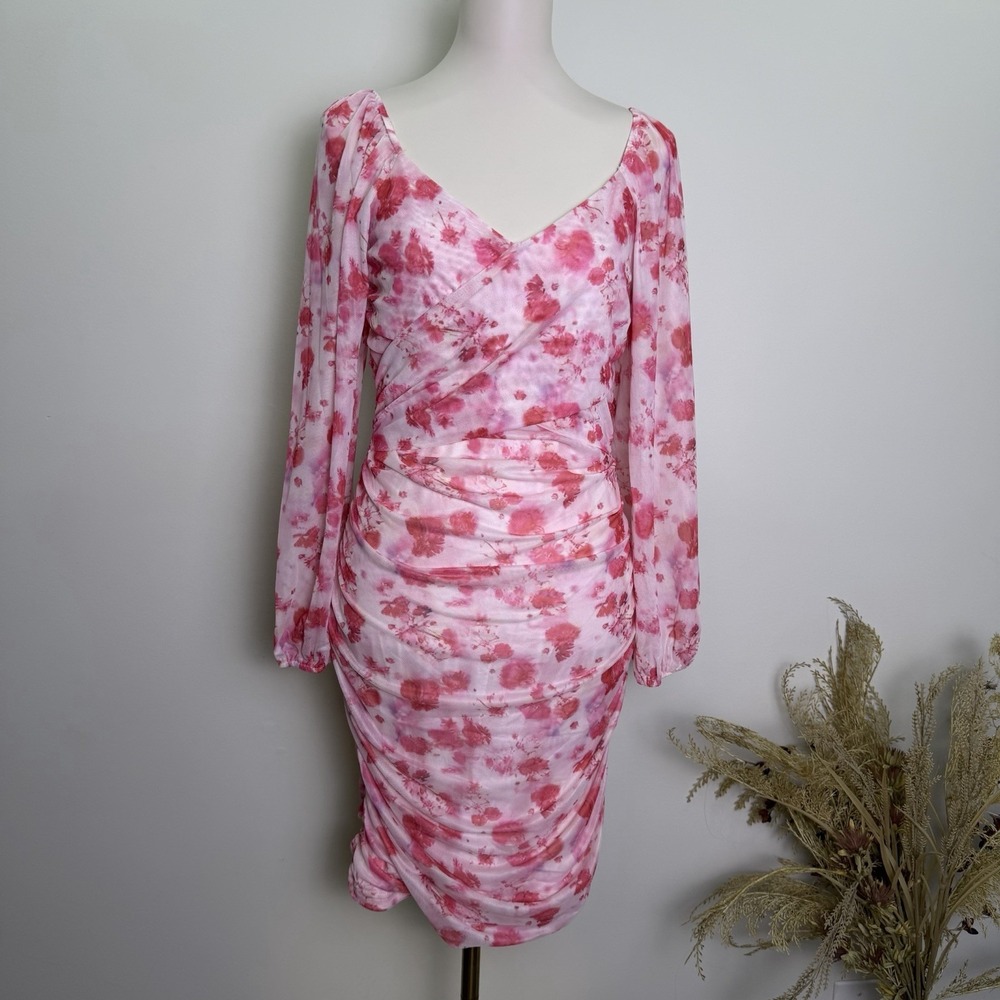NWT BTFBM Size L Pink Floral Ruched Long Sleeve Bodycon Dress